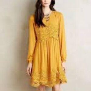 NWT Anthropologie Maeve Mustard Yellow Lace Detail Long Sleeve Dress